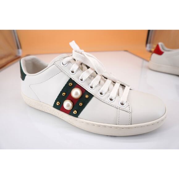 Gucci White Leather Ace Pearl Web Spiked Low Top Sneakers Size 36 $770 New - Picture 1 of 11